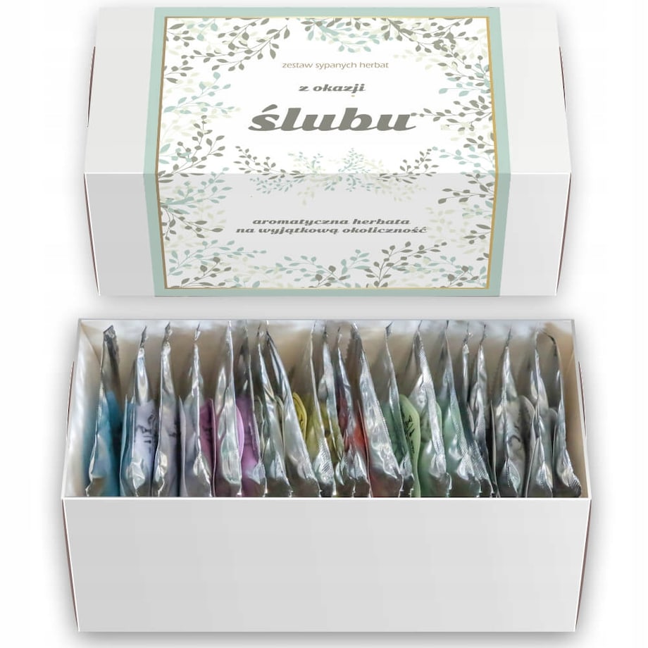 Zestaw prezentowy upominkowy z okazji ŚLUBU WESELA ROCZNICY - 20 różnych herbat sypanych na prezent upominek dla NOWOŻEŃCÓW PARY MŁODEJ