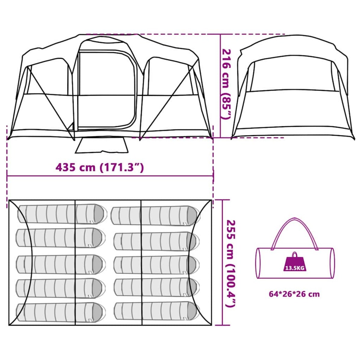vidaXL Namioty z dachem Zielony 435 x 255 x 216 cm Poliester