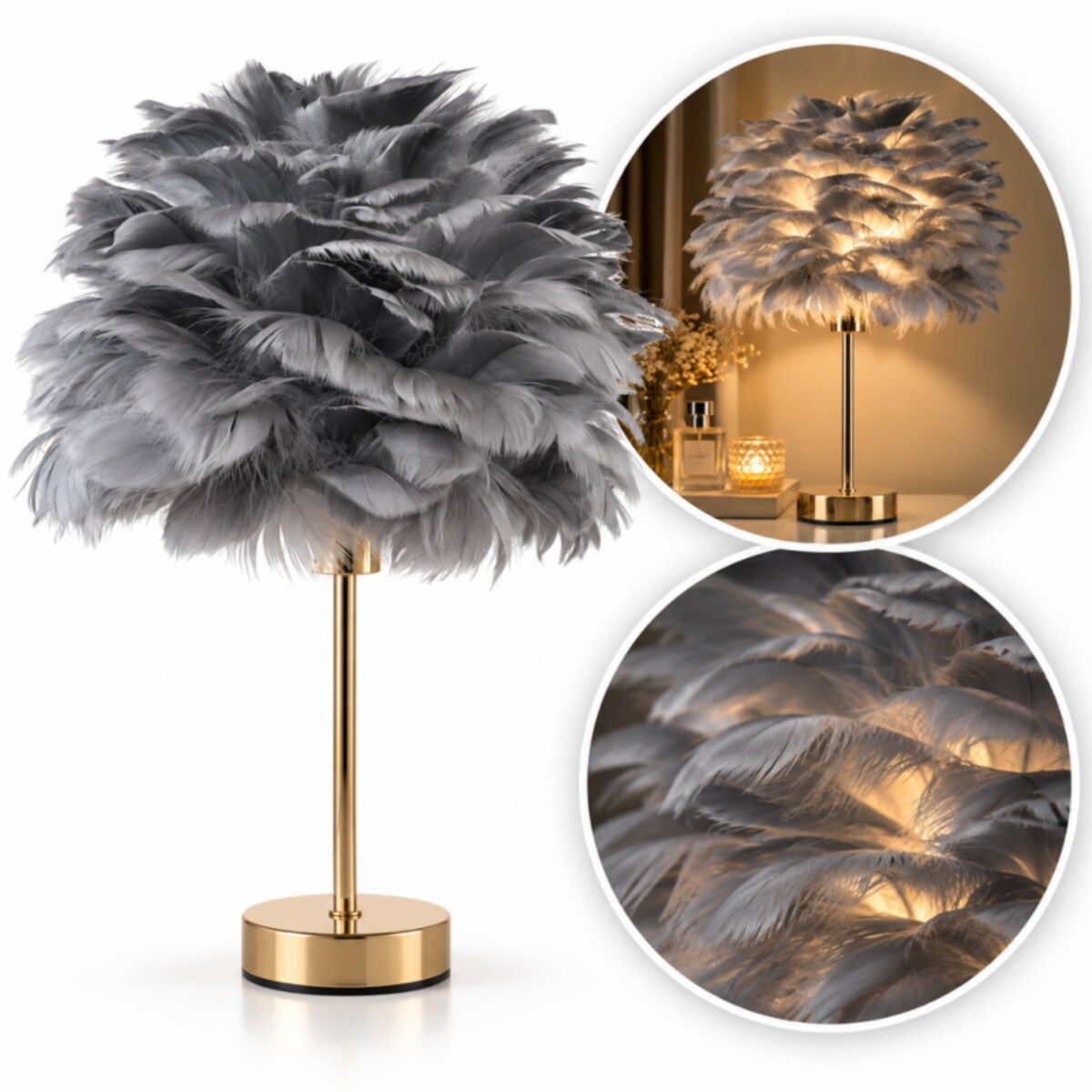 Elegancka lampa nocna stołowa z kloszem z szarych piór ściemniacz 3 kolory świecenia na komode USB OZD13