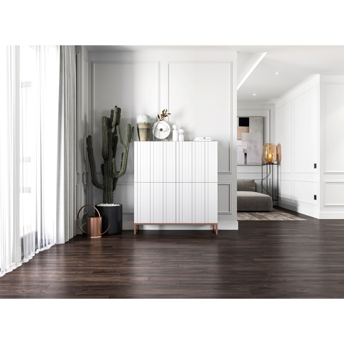 Komoda RTV Glamour Szafka RTV Glamour Biały Mat Ryflowane Fronty 112 cm