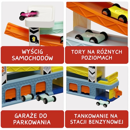 Tor wyścigowy dla dzieci – zjeżdżalnia z autami, garażami i stacją benzynową 18 mies.+ Top Bright