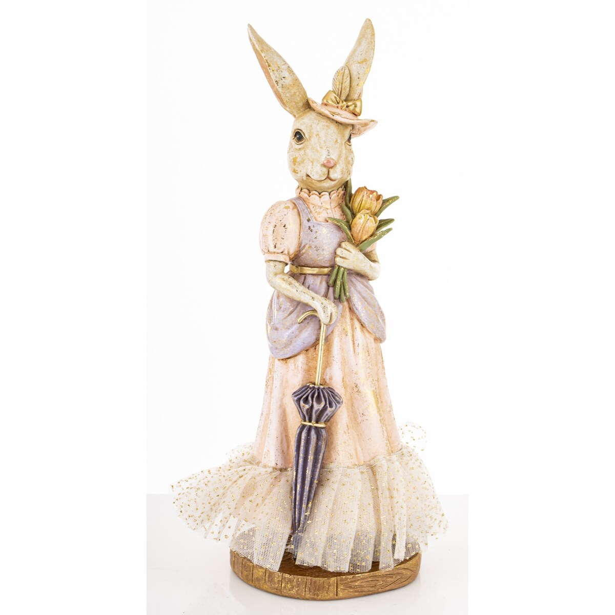 Dekoracja - pani królik w eleganckim stroju z parasolką i tulipanami 29x15x13 cm