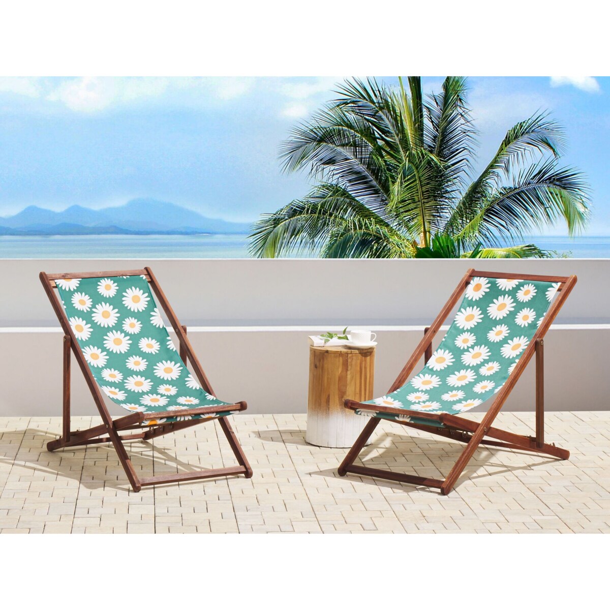 Zestaw 2 leżaków ogrodowych ciemne drewno akacjowe wzór w rumianek ANZIO