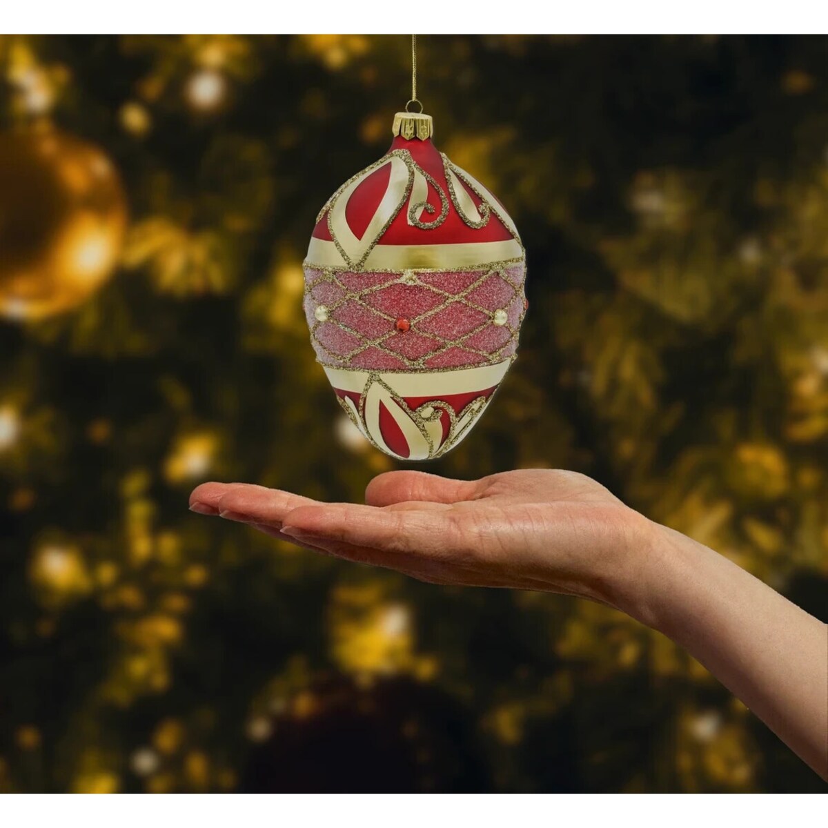Bombka choinkowa: Jajo ze złotym ornamentem: czerwone