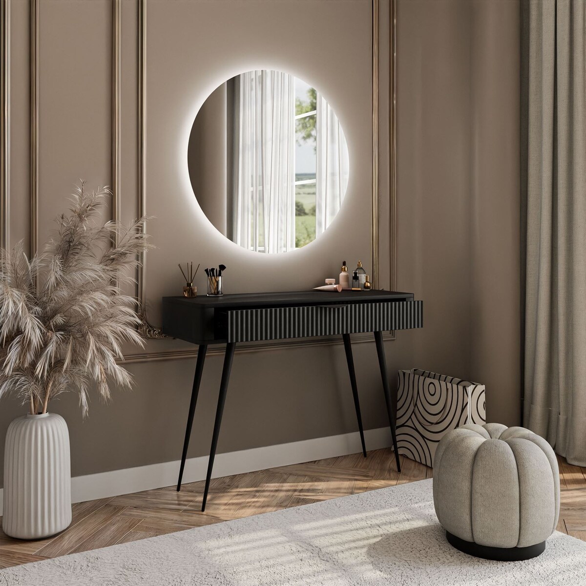 Toaletka SCARLETT z okrągłym lustrem z oświetleniem LED, czarna