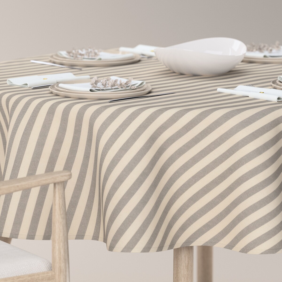 Obrus okrągły 130 x 130 cm szaro-białe pasy (1,5cm)