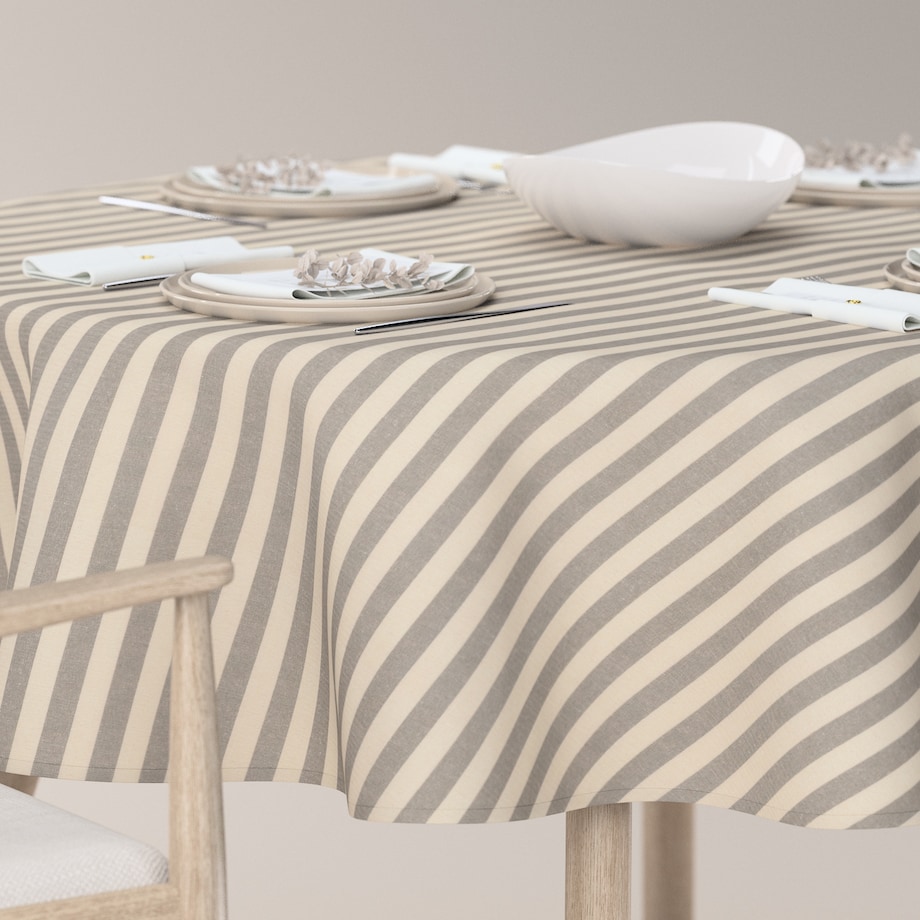 Obrus okrągły 130 x 130 cm szaro-białe pasy (1,5cm)