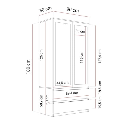 Dwudrzwiowa szafa HANA SS-90 z lustrem, dąb artisan / antracyt