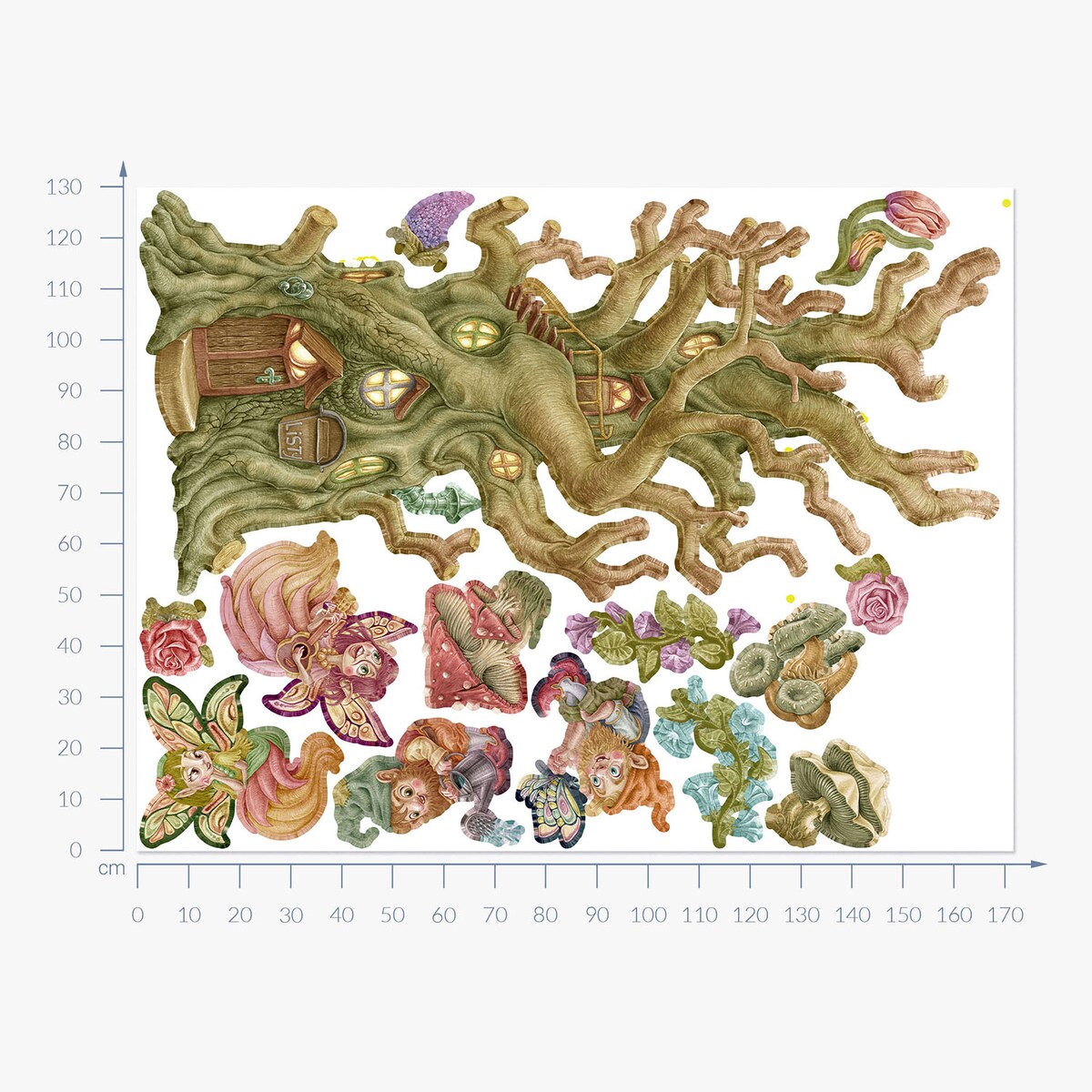 Zestaw naklejek na ścianę, Wróżki krasnale i domek, 130cm