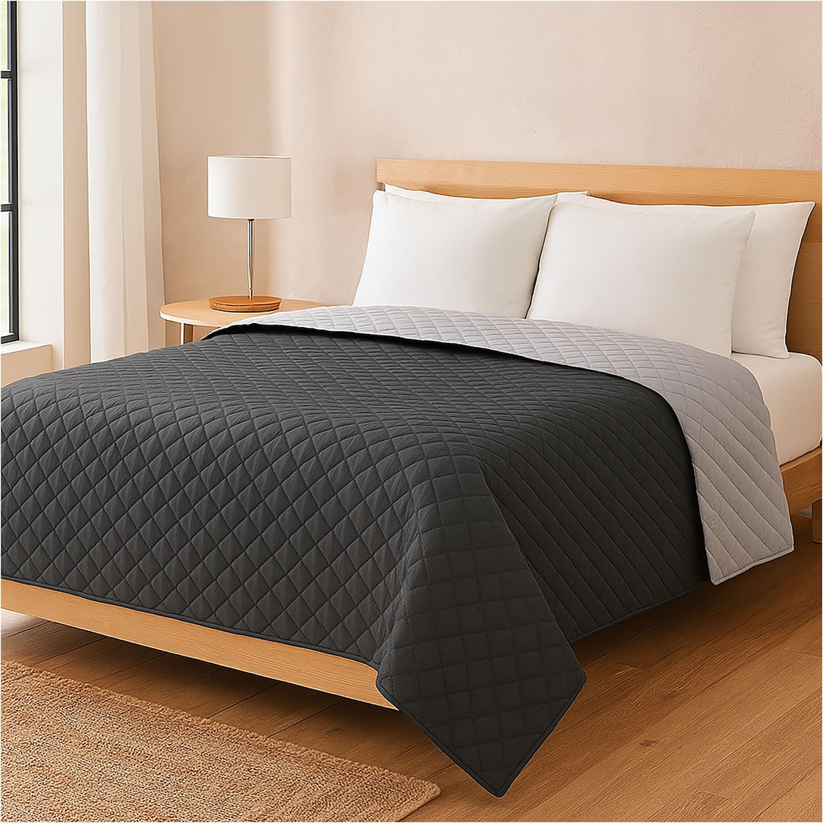 Narzuta Na Łóżko Kanapę Na Plażę Pikowana 160X200 Cm Szaro-Czarna