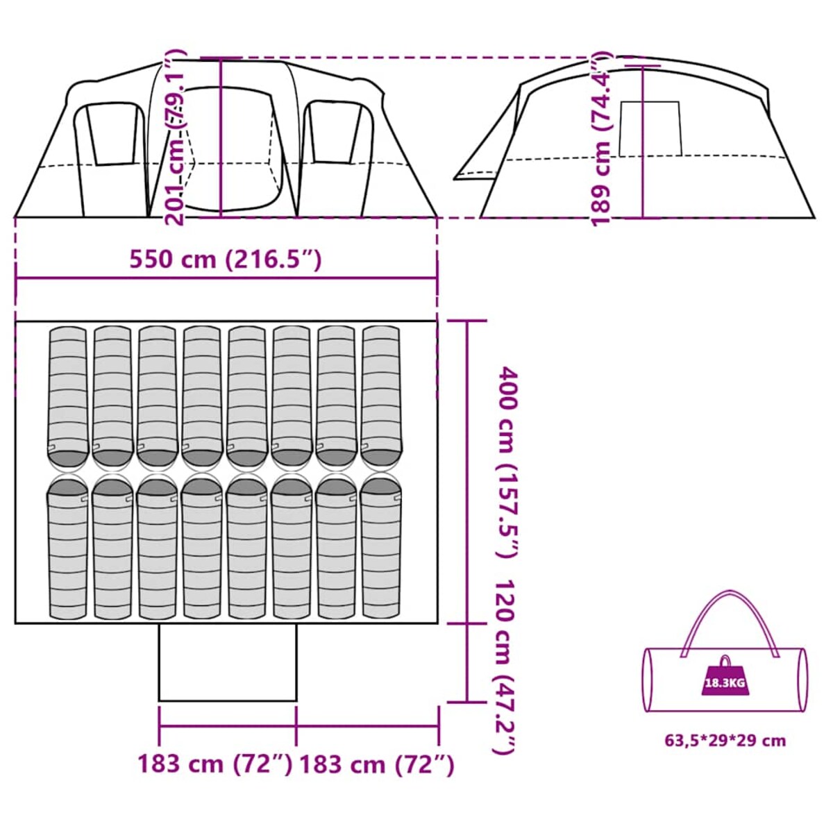 vidaXL Namiot rodzinny, 16-os., tunelowy, zielony, wodoszczelny