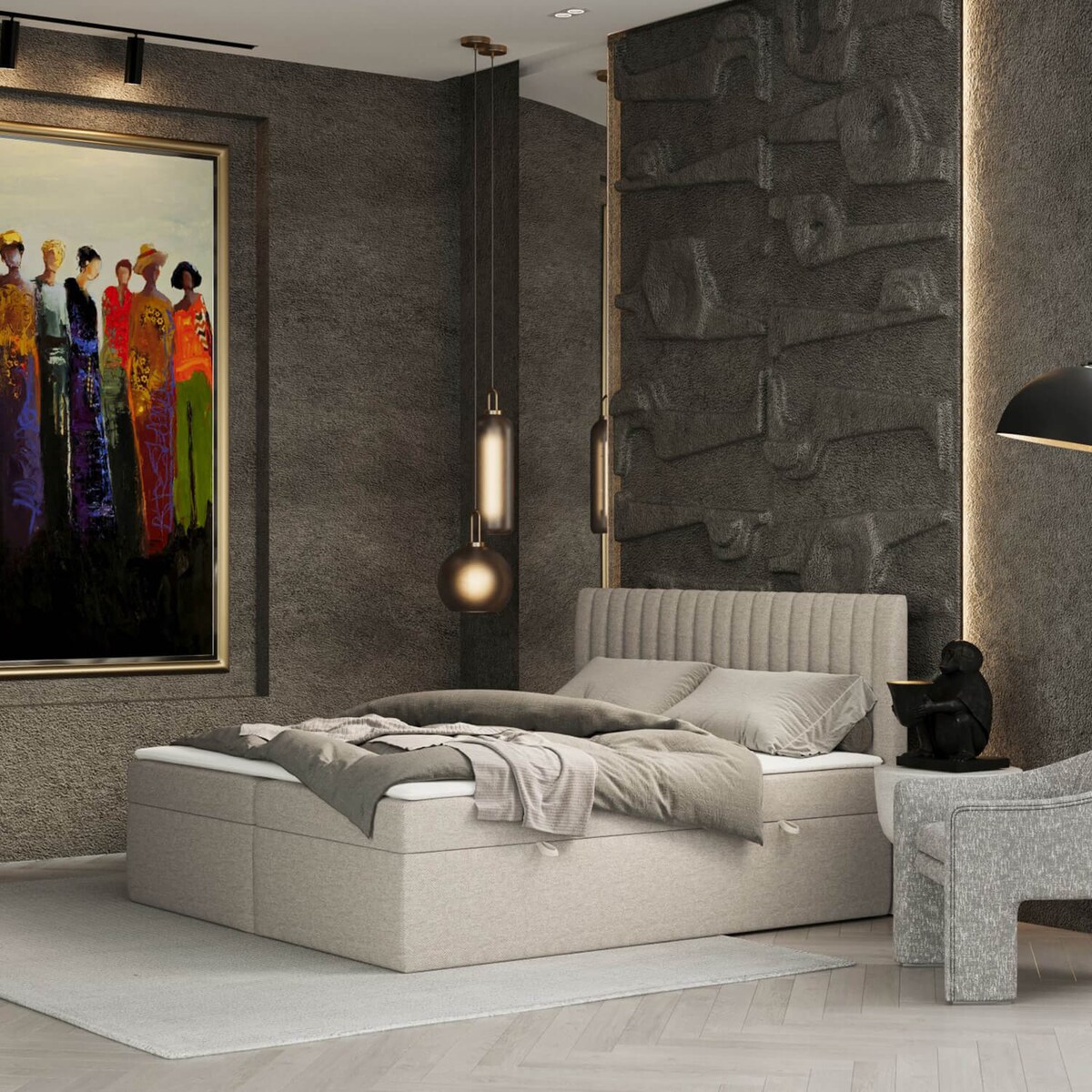 Łóżko tapicerowane MALDON 140x200 z pojemnikiem, Jasny Beż, tkanina Megan 353