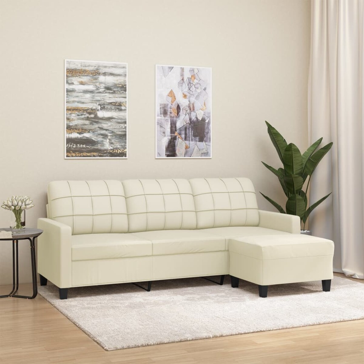 vidaXL 3-osobowa sofa z podnóżkiem, kremowa, 180 cm, sztuczna skóra