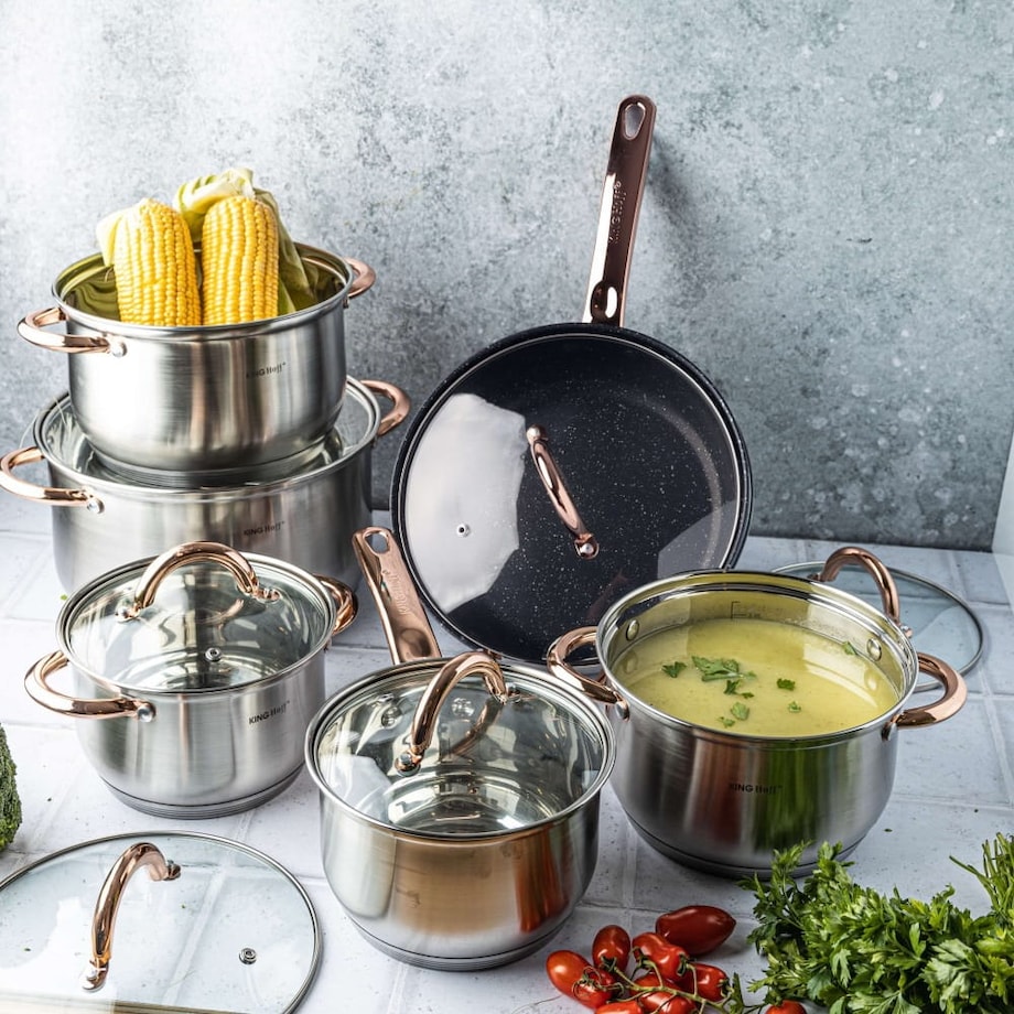 Zestaw garnków stalowych 12 ele. garnki na indukcję komplet Rosegold KINGHOFF