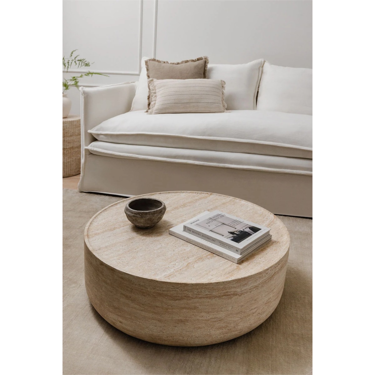 Cementowy stolik kawowy, wygląd trawertynu, Drullo 80 cm