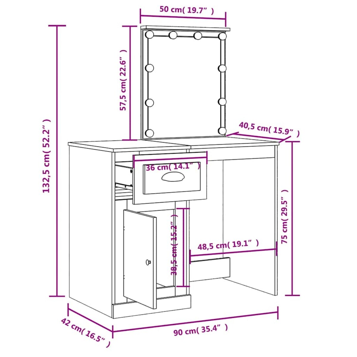 vidaXL Toaletka z lampkami LED, dąb sonoma, 90x42x132,5 cm