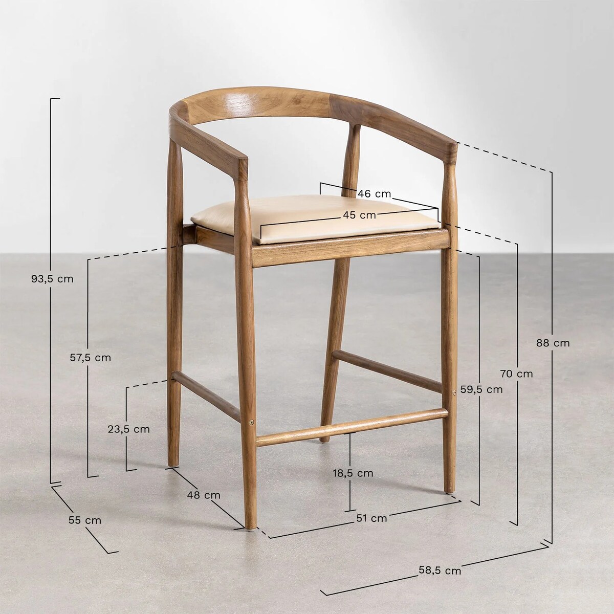 Krzesło barowe drewno tekowe z czarnym siedziskiem Visby 70 cm