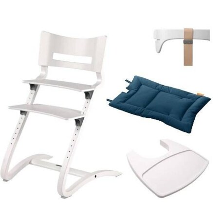 LEANDER - krzesełko do karmienia CLASSIC™, białe + barierka, tacka, poduszka Dark Blue - ZESTAW