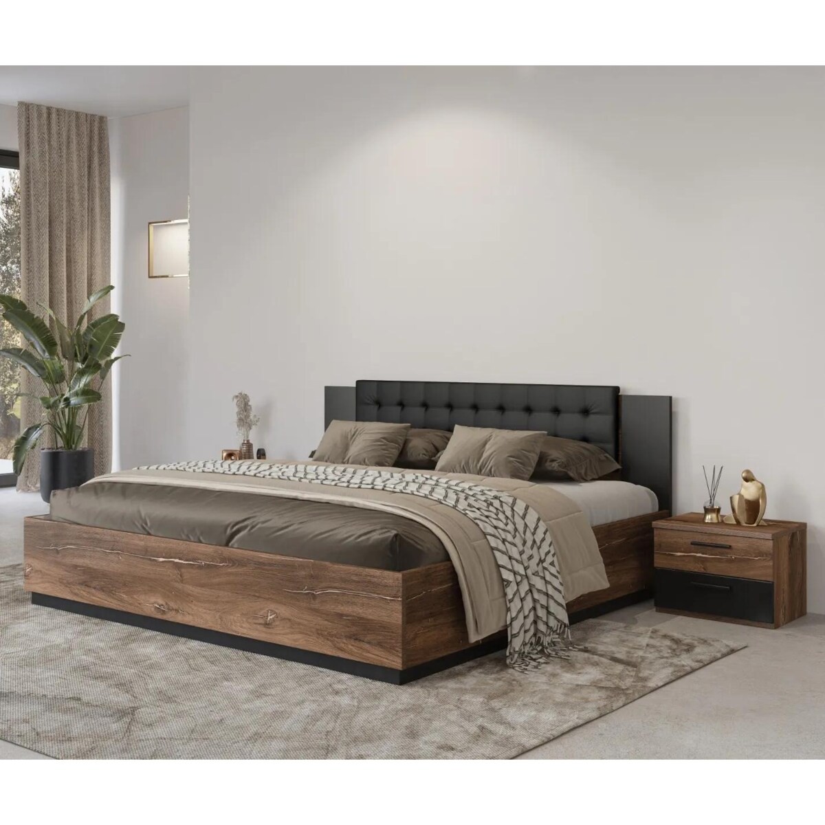 Łóżko SIGMA 180x200 dąb flagstaff miedziany/czarny mat z tapicerowanym zagłówkiem