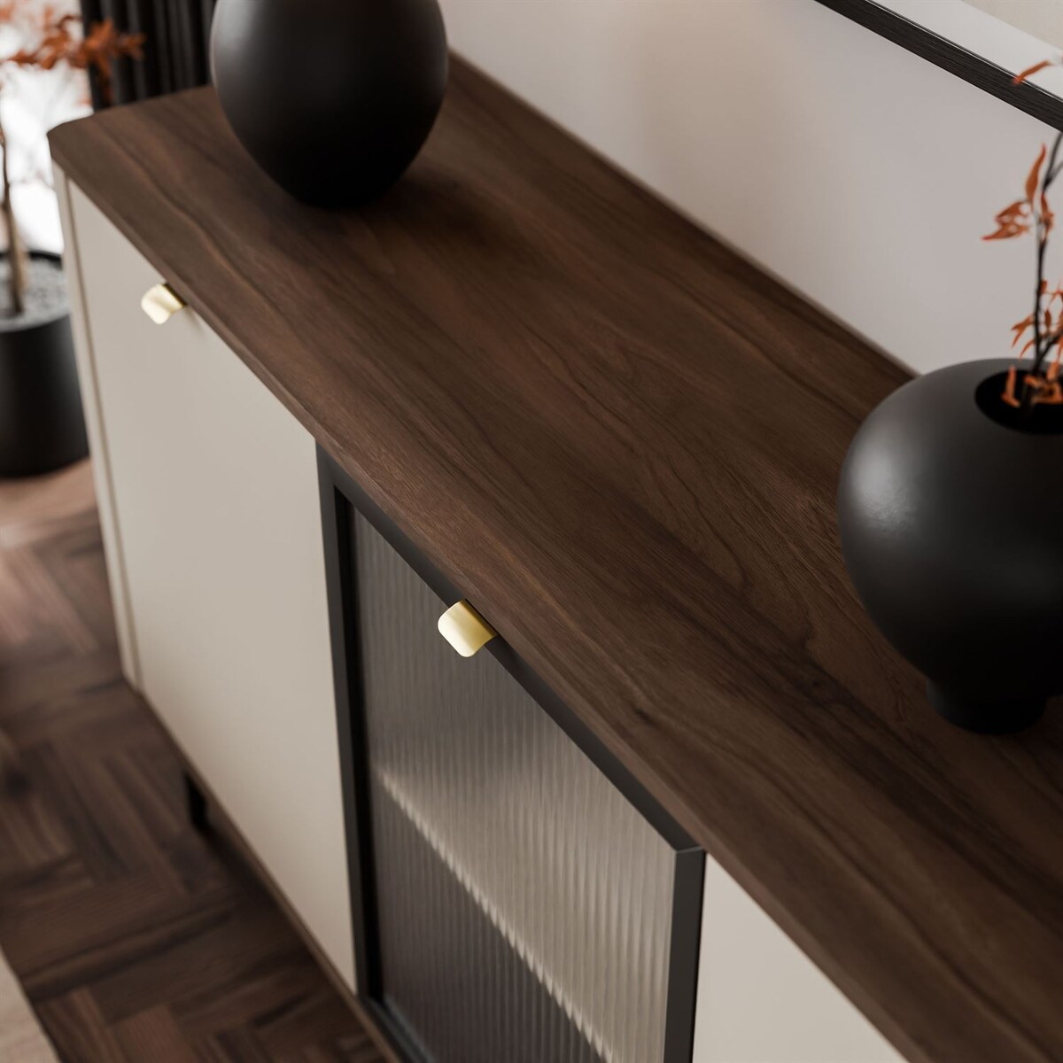 Komoda na nóżkach AUTUMN 2D1W z przeszklonym frontem, kaszmir / orzech