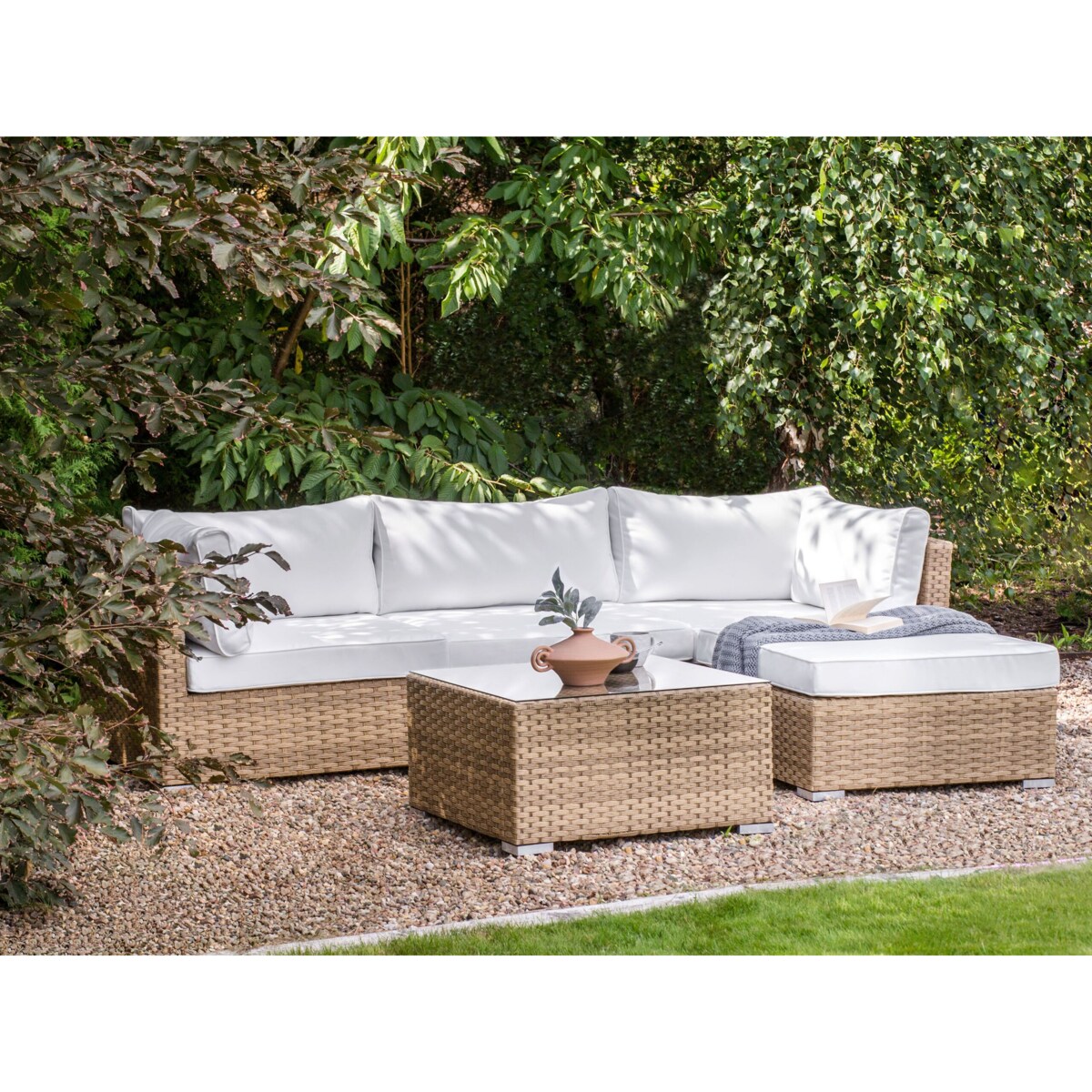 Narożnik ogrodowy ze stolikiem dla 4 osób SANO Lewostronny Modułowy Technorattan Naturalny