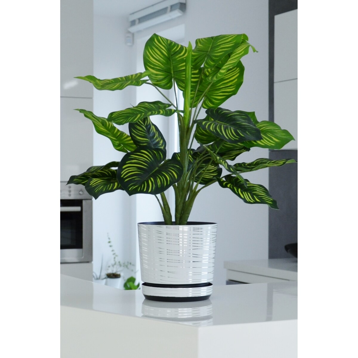 21 cm wzór BIAŁA ZE SREBRNĄ NITKĄ Doniczka z podstawką glamour lustrzane srebrne paski połysk