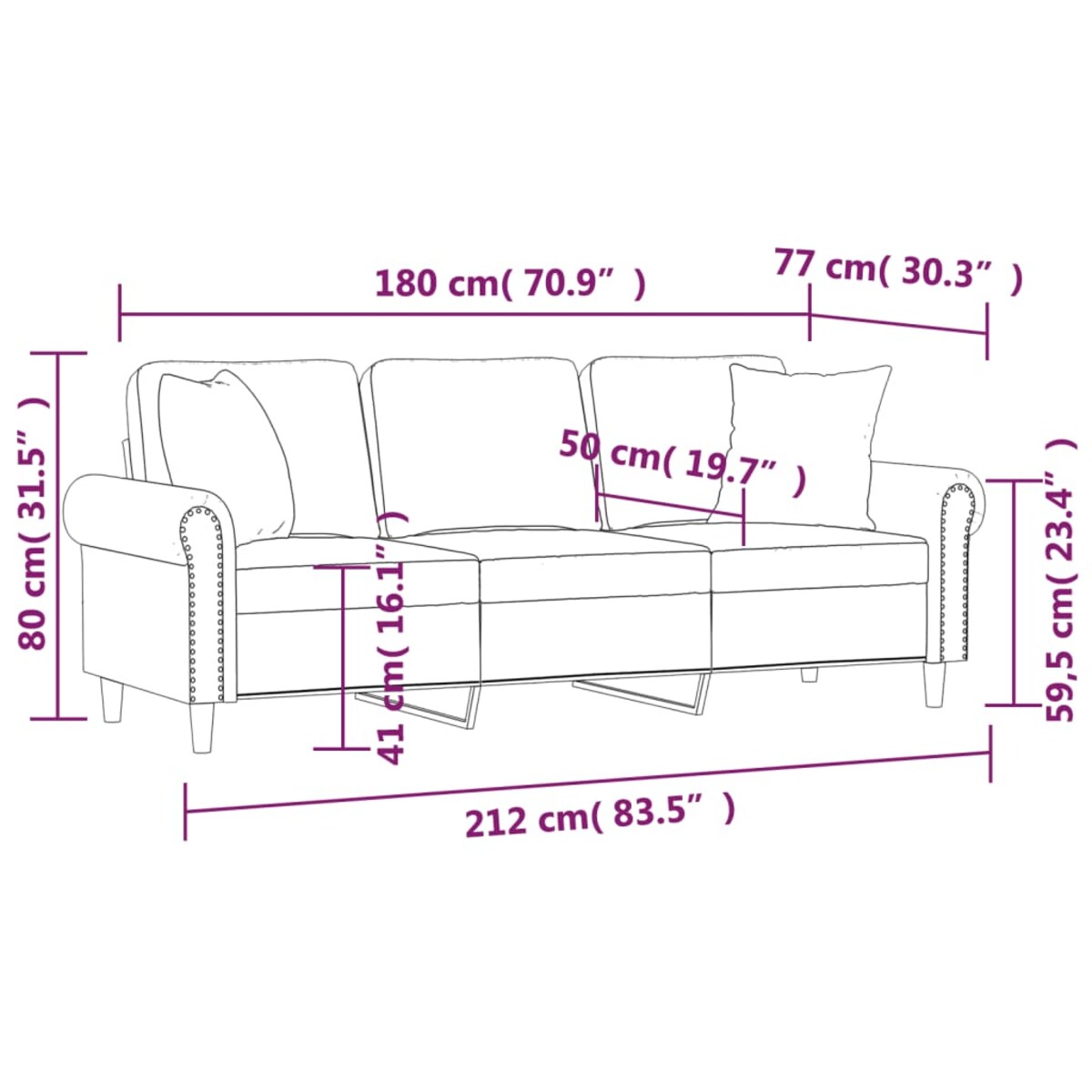 vidaXL 3-osobowa sofa z poduszkami, różowa, 180 cm, aksamit