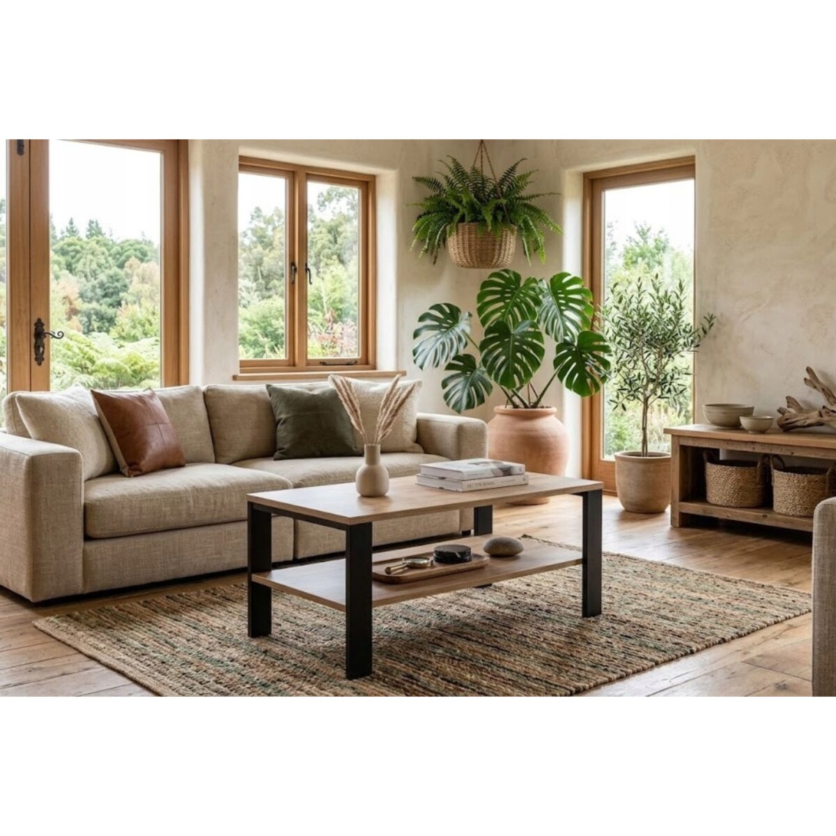 Stolik Kawowy Loft Dąb Evoke Czarny Stelaż 90X52Cm Ława Industrialna