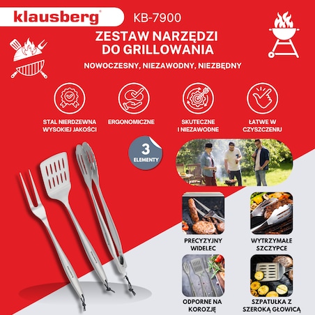 Zestaw przyborów do grilla, 3 elementy, Narzędzia do grillowania, KLAUSBERG