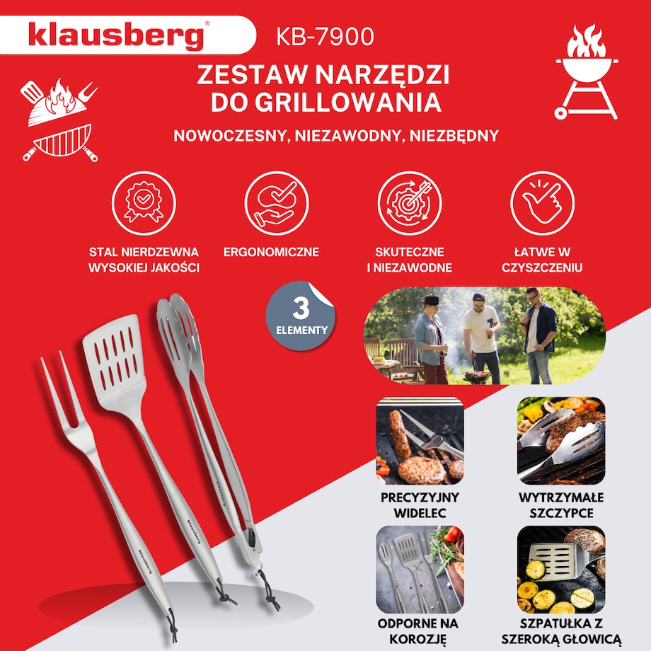 Zestaw przyborów do grilla, 3 elementy, Narzędzia do grillowania, KLAUSBERG