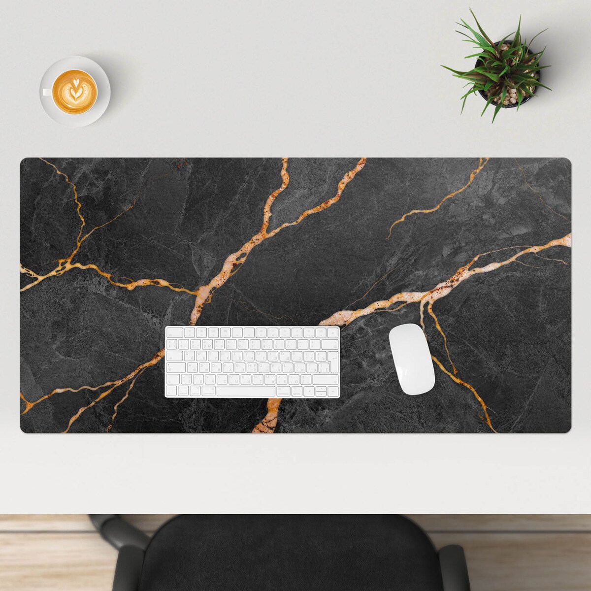 Czarna mata na biurko Marmurowe żyłki, 100x50 cm