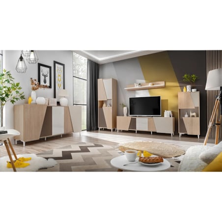 Szafka RTV VISTE 180 dąb/beżowy/biały połysk