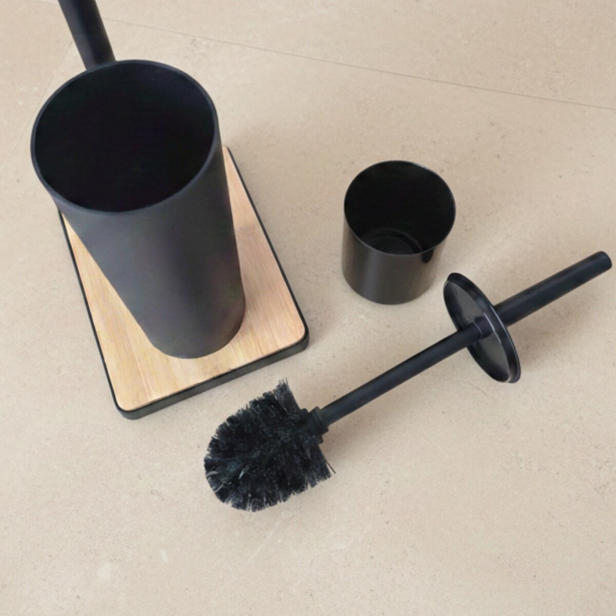 Szczotka do WC z uchwytem na papier toaletowy i bambusową podstawką IVLO, 65 cm