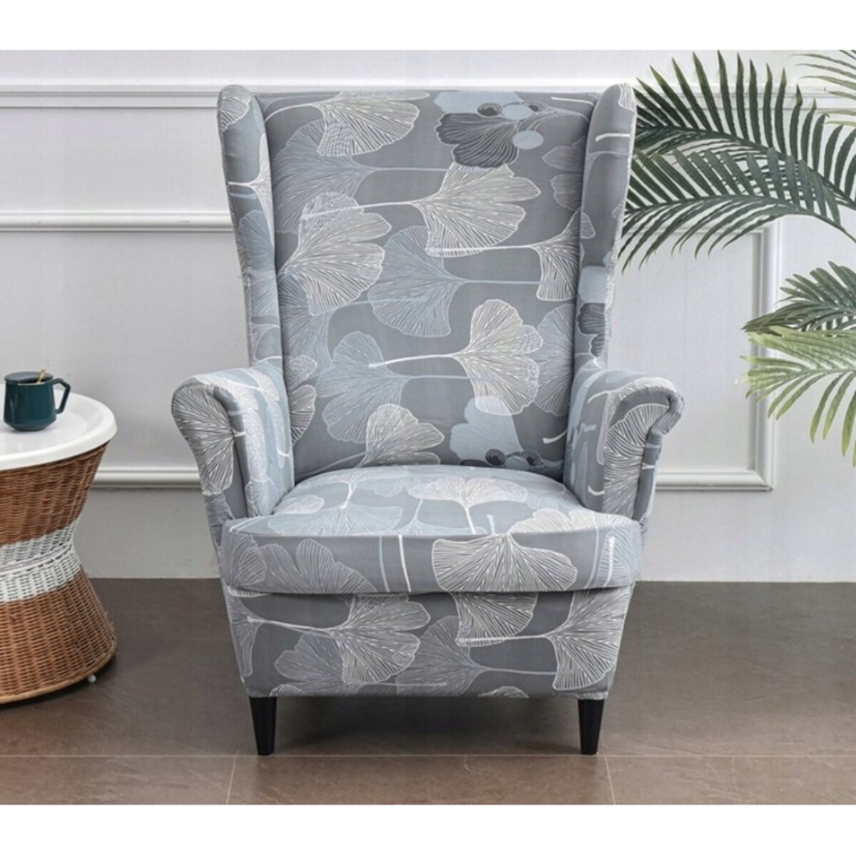 POKROWIEC NA FOTEL USZAK SZARY LIŚCIE WZORY ELASTYCZNY [22EW8]