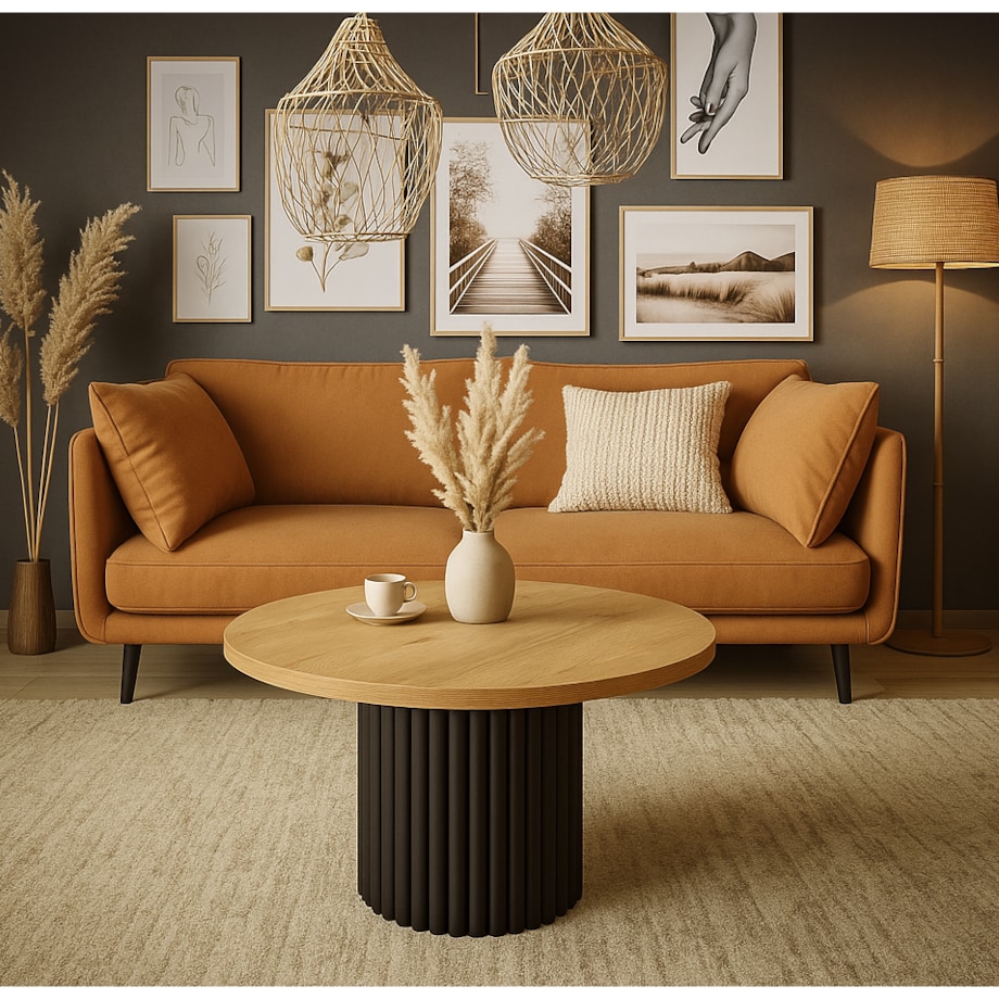 Okrągły stolik kawowy Riko średnica blatu 58 cm - dąb craft złoty