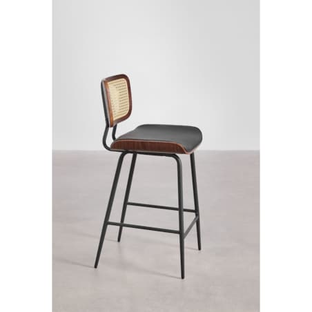 Krzesło barowe z drewna, rattanu i ekoskóry czarnej Raysa brązowe