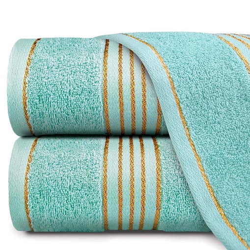 Ręcznik kąpielowy 50x90 cm bawełniany kolor jasny turkusowy z bordiurą w złote paski 500 g/m2 TIWANO