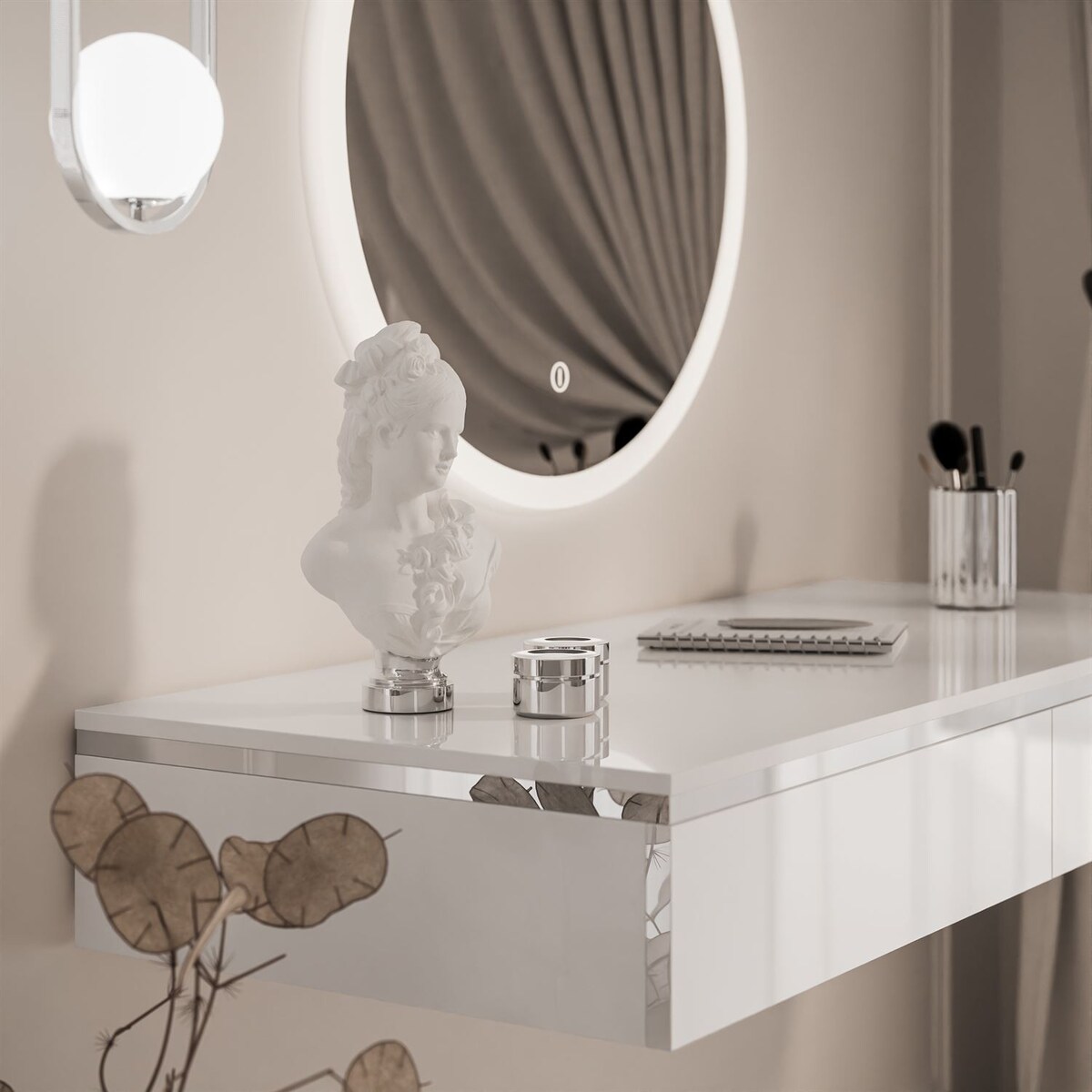 Toaletka kosmetyczna AURORA SILVER wisząca biały połysk, lustro