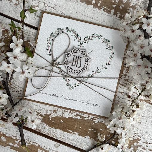 Rustykalna kartka komunijna - Pierwsza Komunia Święta piękne życzenia