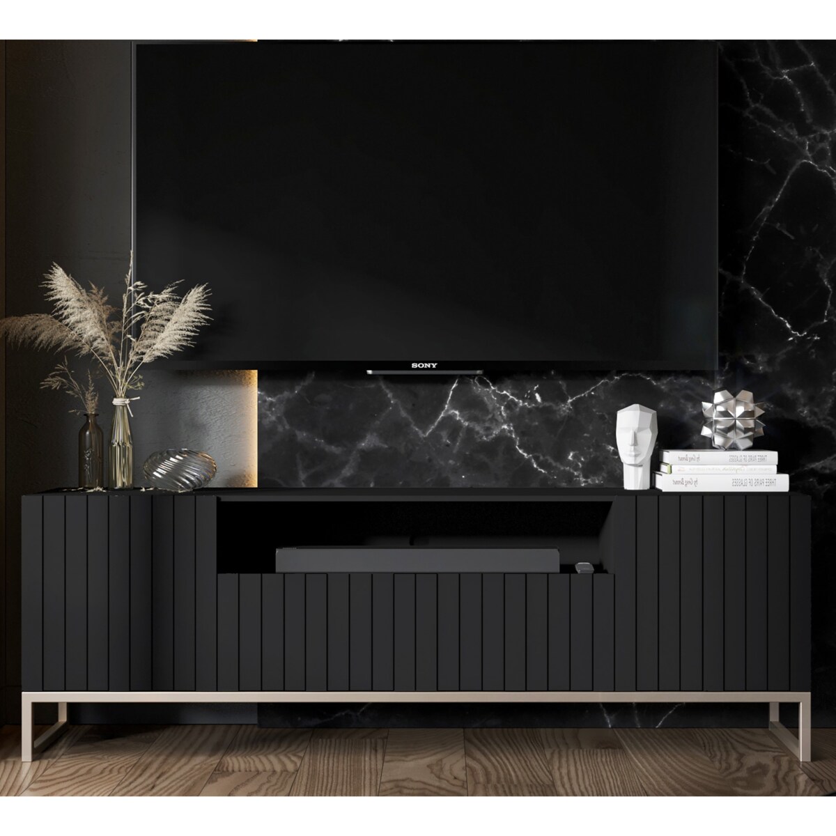 Szafka RTV Glamour Nowoczesna Komoda RTV Glamour Czarny Mat 150 cm