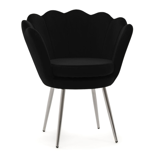 KRZESŁO WELUROWE SHELL MUSZELKA CZARNA NOGI SREBRNE GLAMOUR DO SALONU CHROM