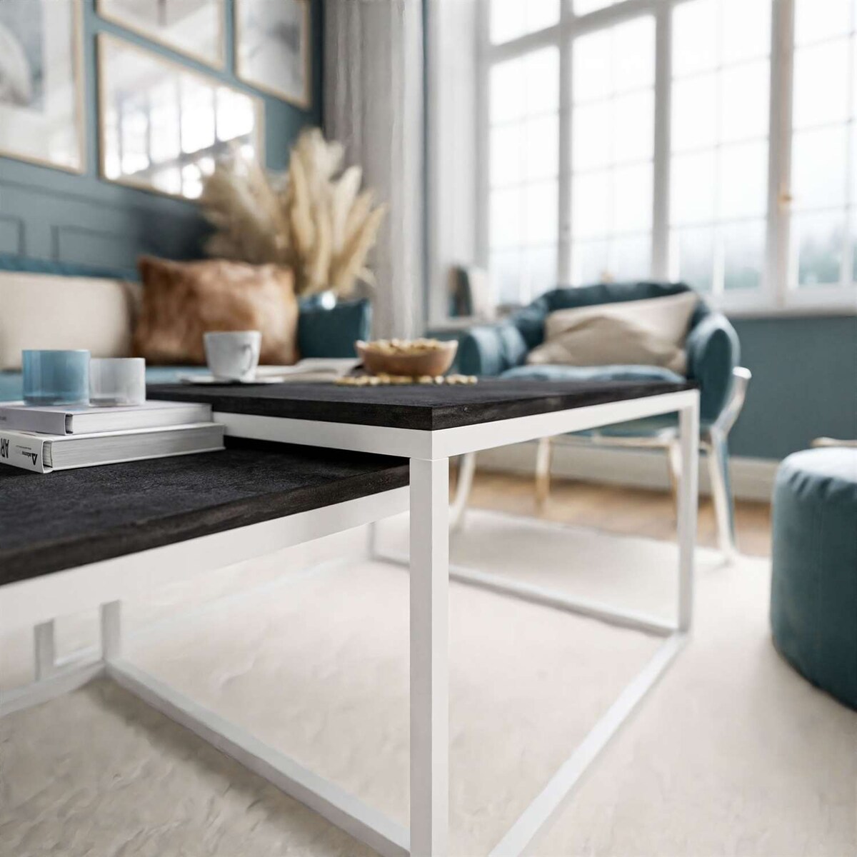 Stolik kawowy ława YOSHI 2w1 biały ciemny beton 36/42 cm