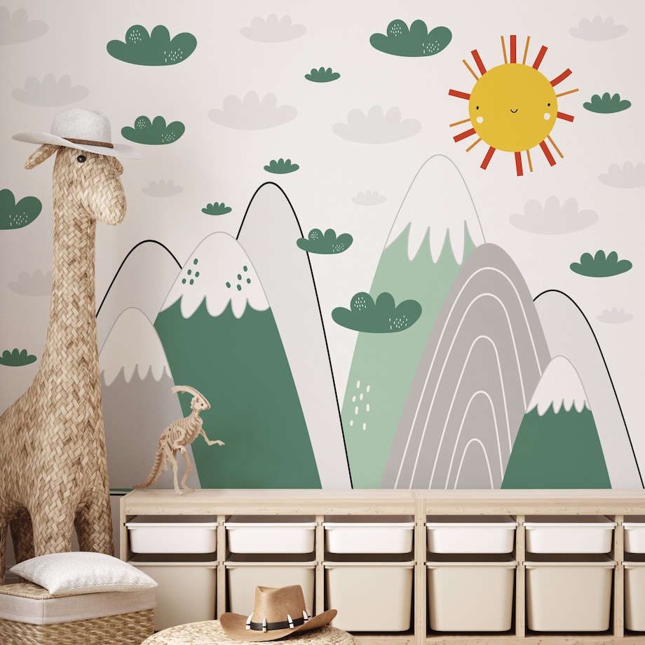NAKLEJKI ŚCIENNE DLA DZIECI ZIELONE GÓRY CHMURKI ZESTAW STYL SKANDYNAWSKI
