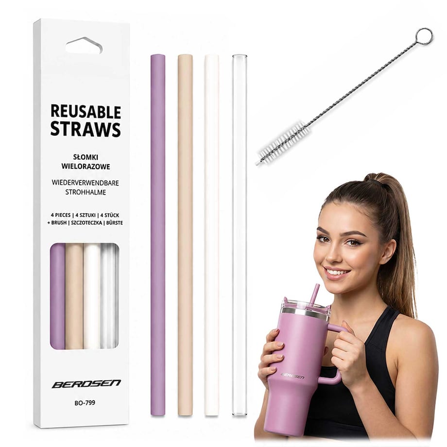 Słomki do kubka Berdsen wielorazowe plastikowe zestaw 4 szt +szczoteczka