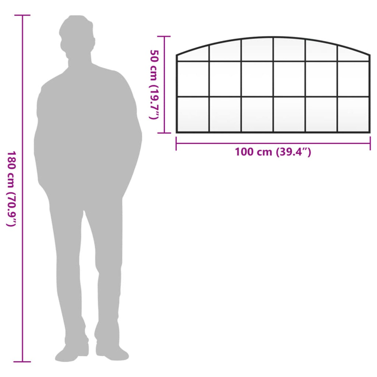 vidaXL Lustro ścienne, czarne, 100x50 cm, zakończone łukiem, żelazo