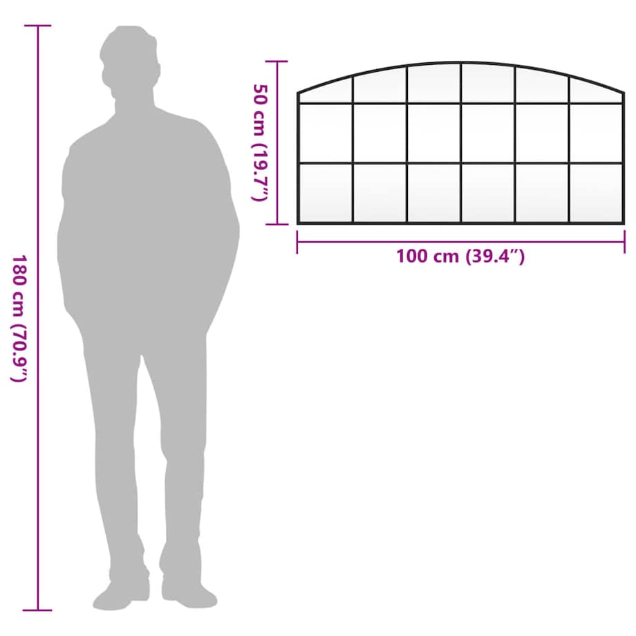 vidaXL Lustro ścienne, czarne, 100x50 cm, zakończone łukiem, żelazo