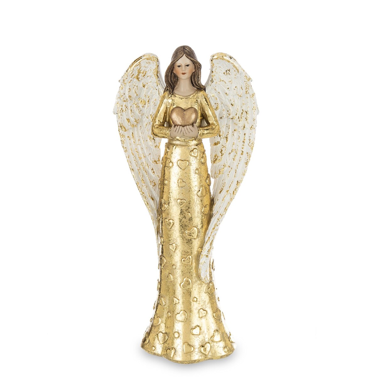Dekoracja - anioł 28,5x13x7 cm ANGHEL-5 w złotej sukni ze złotym sercem