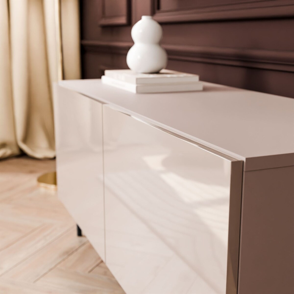 Szafka RTV COLGANTE 100 kaszmir wysoki połysk, oświetlenie LED, nóżki proste czarne