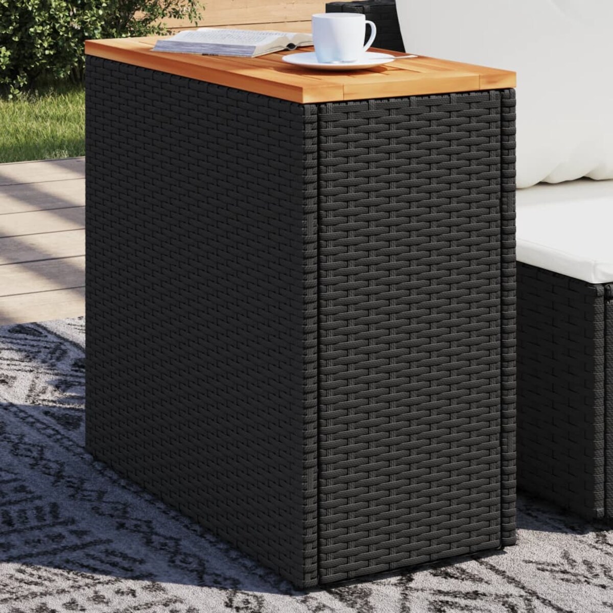 vidaXL Stolik ogrodowy z drewnianym blatem, czarny, 58x27,5x55 cm