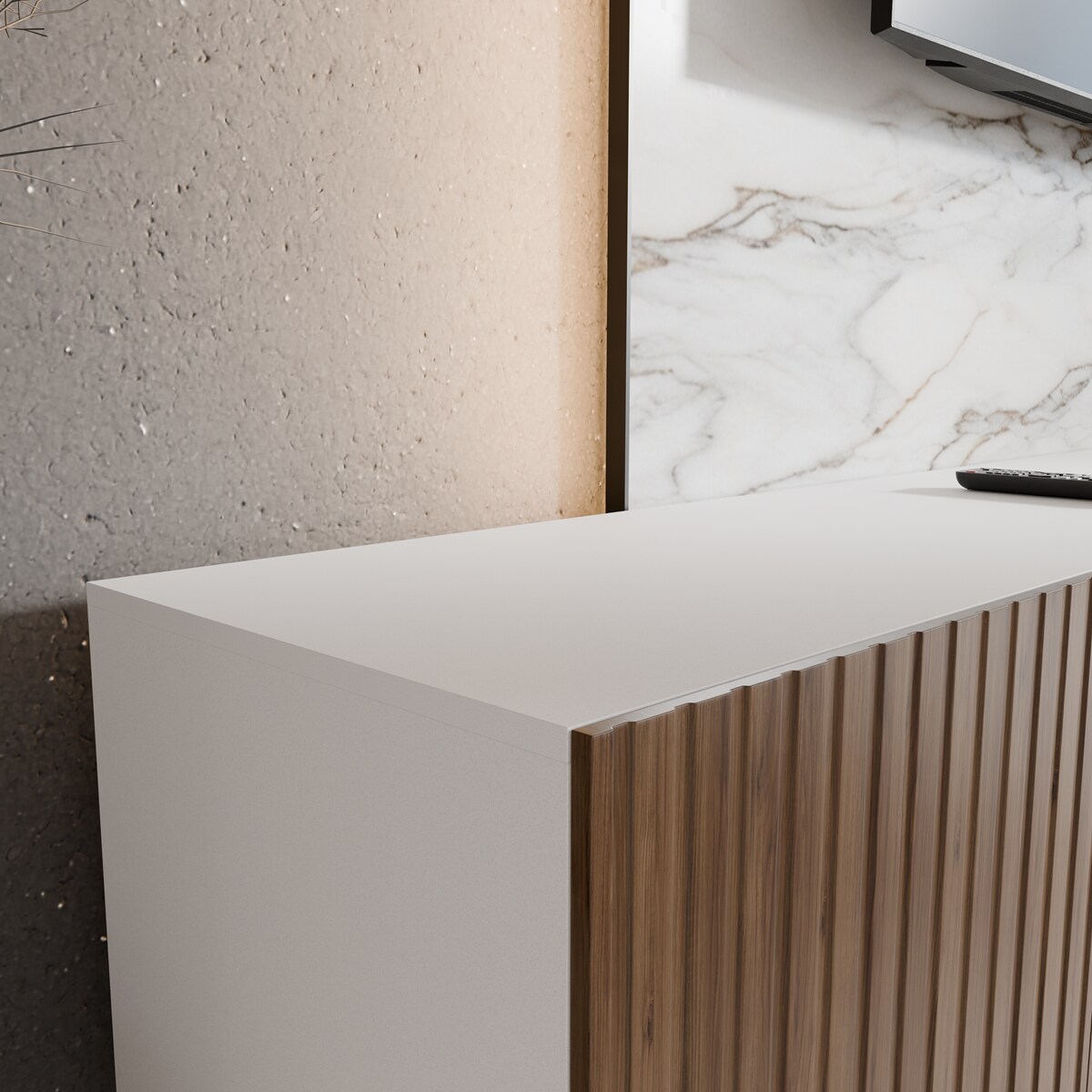 Szafka RTV RIO 300 cm zamknięta pod telewizor, ryflowana- biała+katania